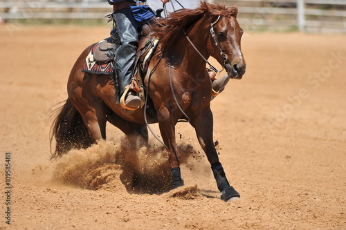 Fragment of the side view of a rider in the chaps on a horseback during the NRHA competition. © PROMA