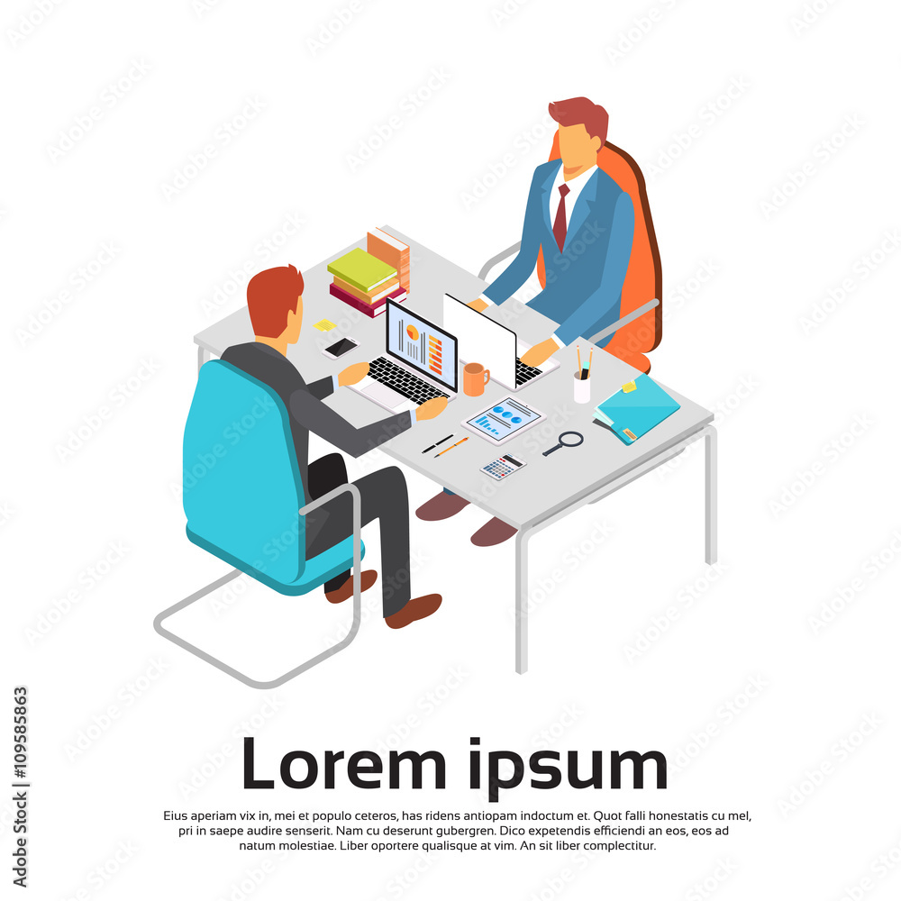 Two Business Man Work Laptop Desk Workspace Copy Space 3d Isometric