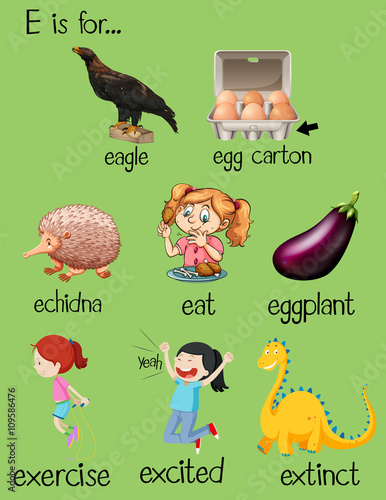 Poster letter E and different words