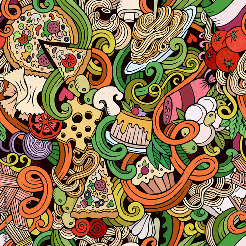 Cartoon doodles of italian cuisine seamless pattern
