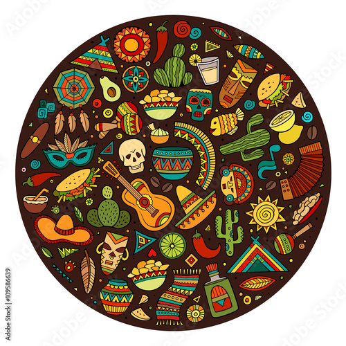 Colorful vector hand drawn doodle cartoon set of Latin American 