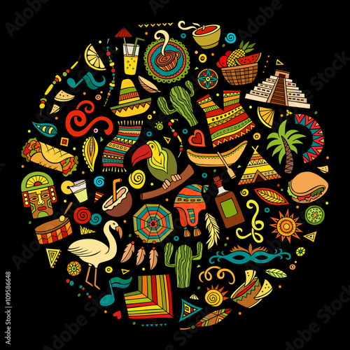 Colorful vector hand drawn doodle cartoon set of Latin American 