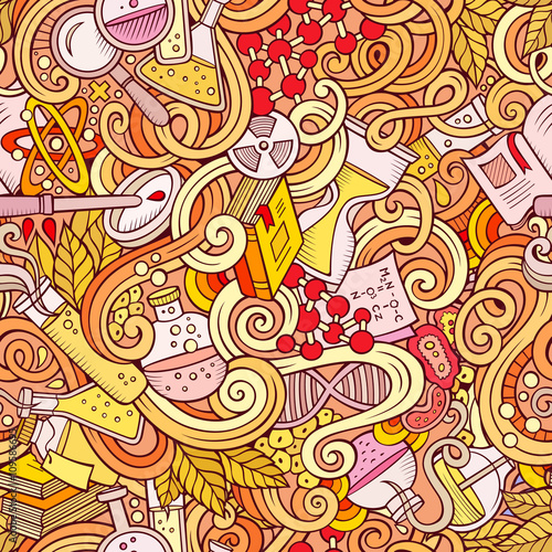 Cartoon hand-drawn science doodles seamless pattern