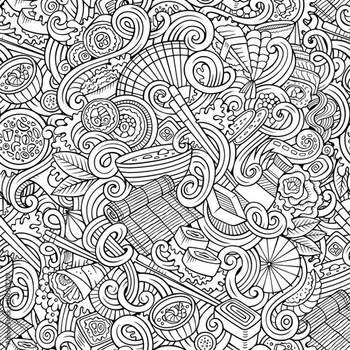Cartoon hand-drawn doodles of japanese cuisine seamless pattern