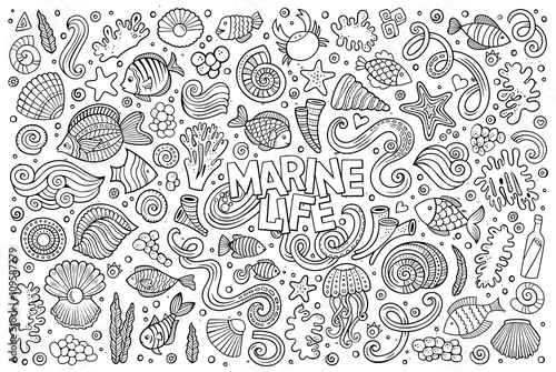 Line art set of marine life objects