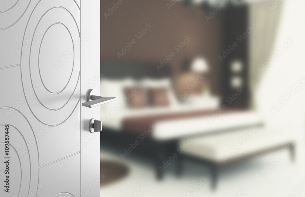 Naklejka premium Stanza da letto con porta aperta bianca