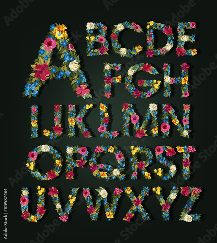Flower alphabet. Colorful font. Uppercase.