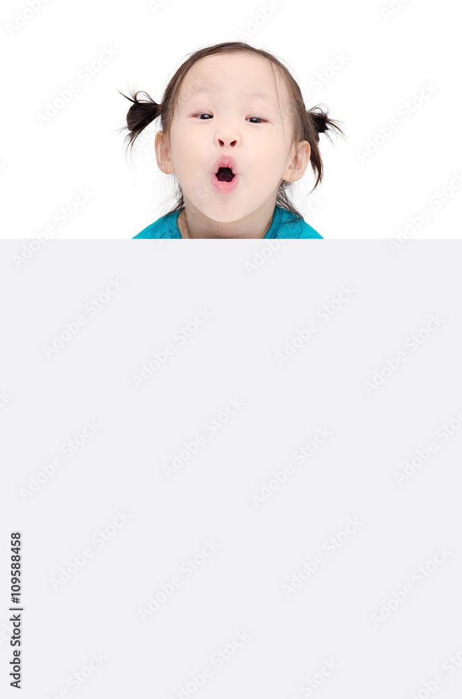 Little asian girl and copy space with surprised face Little asian girl and copy space with surprised face