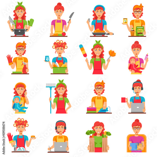 Housewife Flat Color Icons Set 