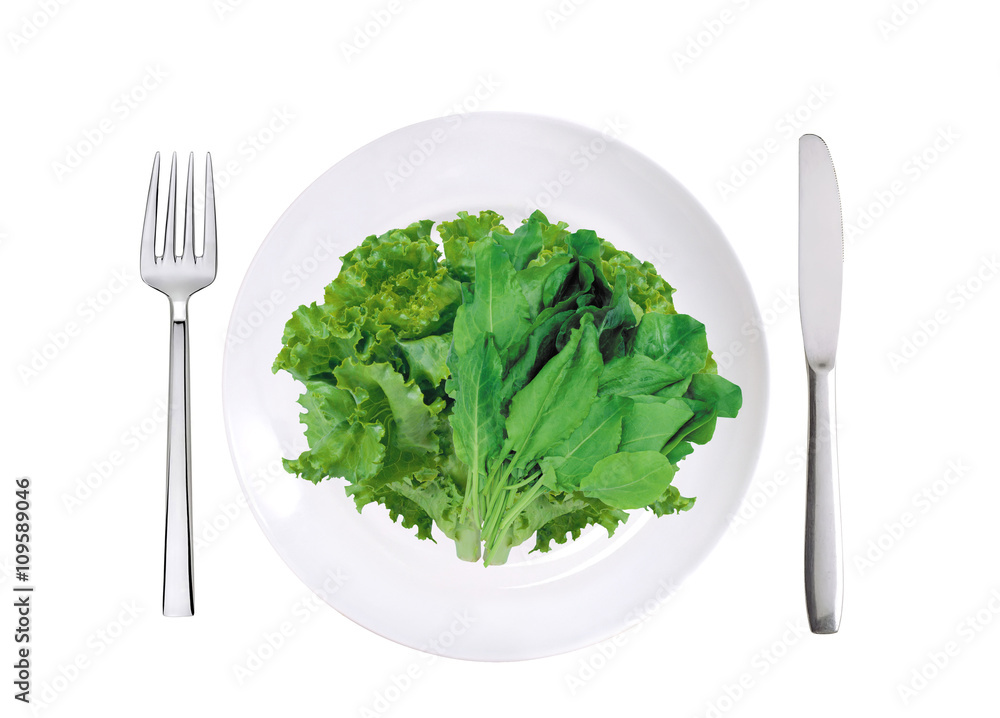 fresh lettuce and sorrel on white plate, fork and knife isolated fresh lettuce and sorrel on white plate, fork and knife isolated