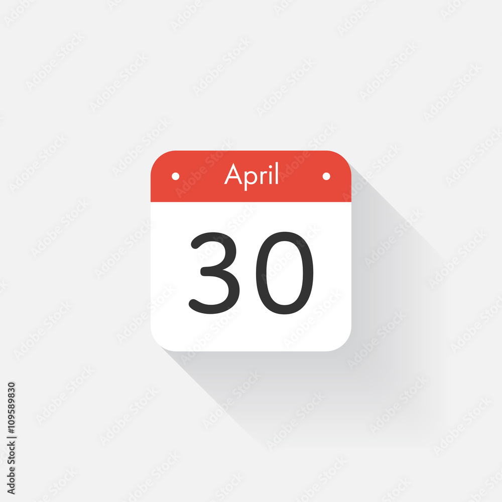 Calendar Icon with long shadow. Flat style. Date,day and month. Reminder. Vector illustration. Organizer application, app symbol. Ui. User interface sign. April. 30 Calendar Icon with long shadow. Flat style. Date,day and month. Reminder. Vector illustration. Organizer application, app symbol. Ui. User interface sign. April. 30