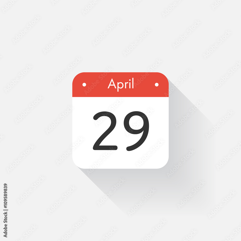 Calendar Icon with long shadow. Flat style. Date,day and month. Reminder. Vector illustration. Organizer application, app symbol. Ui. User interface sign. April. 29 Calendar Icon with long shadow. Flat style. Date,day and month. Reminder. Vector illustration. Organizer application, app symbol. Ui. User interface sign. April. 29