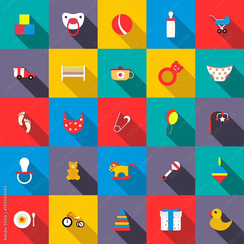Toys icons set, flat style Toys icons set, flat style