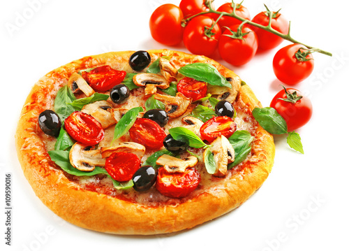 Delicious tasty pizza with vegetables  isolated on white