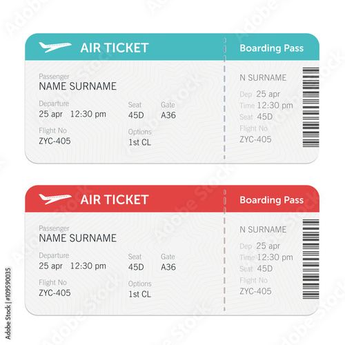 Set of the airline boarding pass tickets. Isolated on white background. Vector flat design.