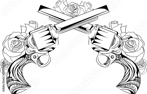 Vector vintage illustration of two revolvers with roses. Duel. Design tattoos, postcards. 