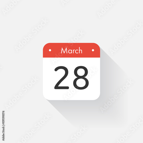 Calendar Icon with long shadow. Flat style. Date,day and month. Reminder. Vector illustration. Organizer application, app symbol. Ui. User interface sign. March.28