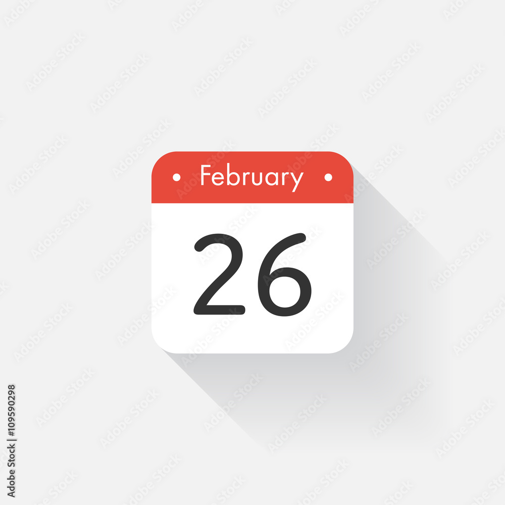Calendar Icon with long shadow. Flat style. Date,day and month. Reminder. Vector illustration. Organizer application, app symbol. Ui. User interface sign. February.26 Calendar Icon with long shadow. Flat style. Date,day and month. Reminder. Vector illustration. Organizer application, app symbol. Ui. User interface sign. February.26