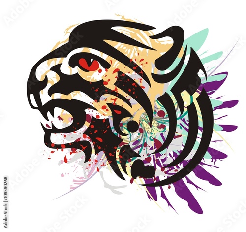 Fototapeta Naklejka Na Ścianę i Meble -  Grunge growling tiger head. Flaming tiger head with feathers and blood drops 