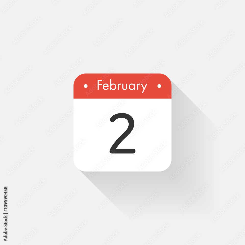 Calendar Icon with long shadow. Flat style. Date,day and month. Reminder. Vector illustration. Organizer application, app symbol. Ui. User interface sign. February.2 Calendar Icon with long shadow. Flat style. Date,day and month. Reminder. Vector illustration. Organizer application, app symbol. Ui. User interface sign. February.2