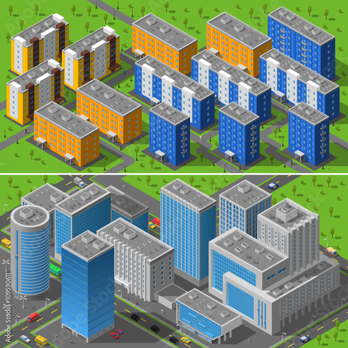 City Buildings 2 Banners Isometric Composition 