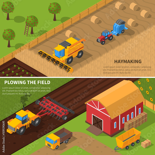 Agricultural Machines Isometric Banner Set