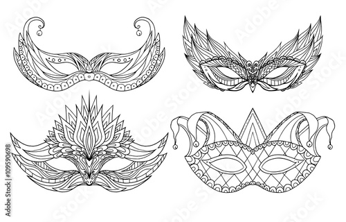 Set of hand-drawn doodle face holiday masks. Festival Mardi Gras, masquerade.