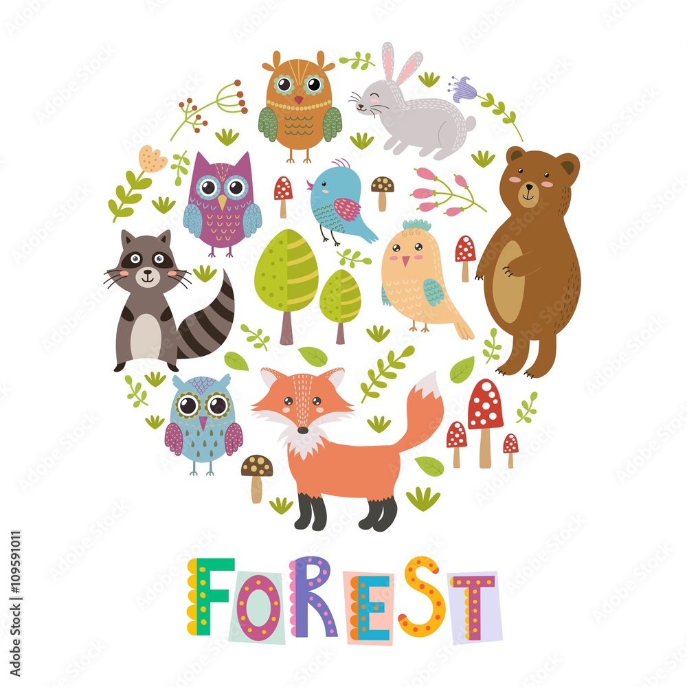 Naklejka premium Forest circle shape background with cute fox, owls, bear, birds and raccoon. Vector illustration
