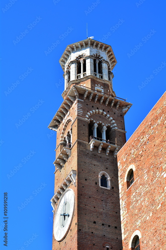 The medieval tower in Verona, tthe Lamberti's tower with the big clock. Italy