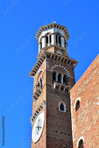 The medieval tower in Verona, tthe Lamberti's tower with the big clock. Italy © liberowolf