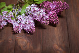 beautiful lilac on a wooden background. Branches of lilac on a dark background. Spring flowers.