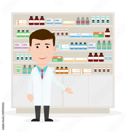 Modern flat vector illustration of a male pharmacist showing medicine description at the counter in a pharmacy opposite the shelves with medicines. Health care. Vector illustration