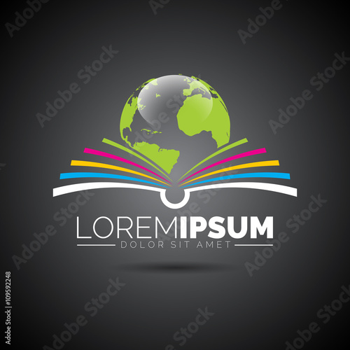 Vector book logo illustrationwith globe. Icon template for education or company