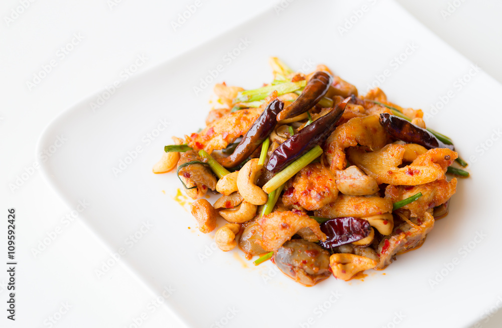 Closeup chicken with cashew nuts, rice dishes. Closeup chicken with cashew nuts, rice dishes.