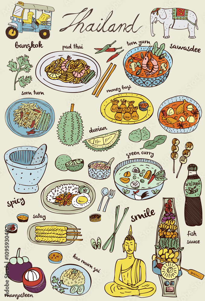 Obraz premium Doodles Thai food and icons set, vector