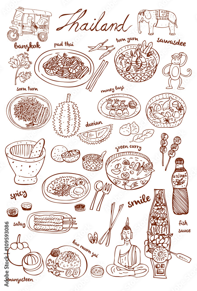 Naklejka premium Doodles Thai food and icons set, vector