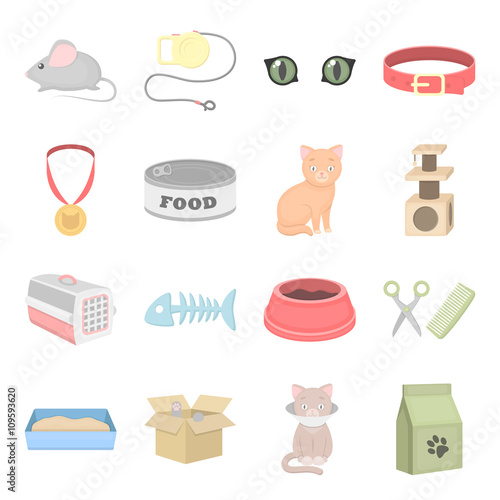 Cat equipment vector icons. Set 25 cat icons in cartoon style.