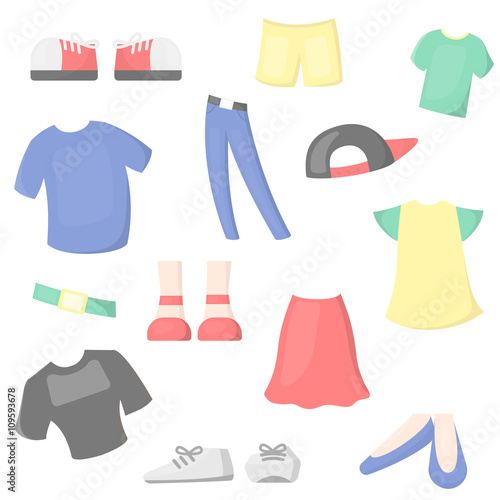 Clothing set of vector icons. Fashion clothes in cartoon style.