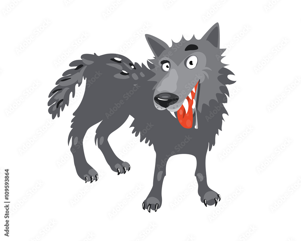 Fototapeta premium Gray wolf. Cartoon, toothy wolf grey