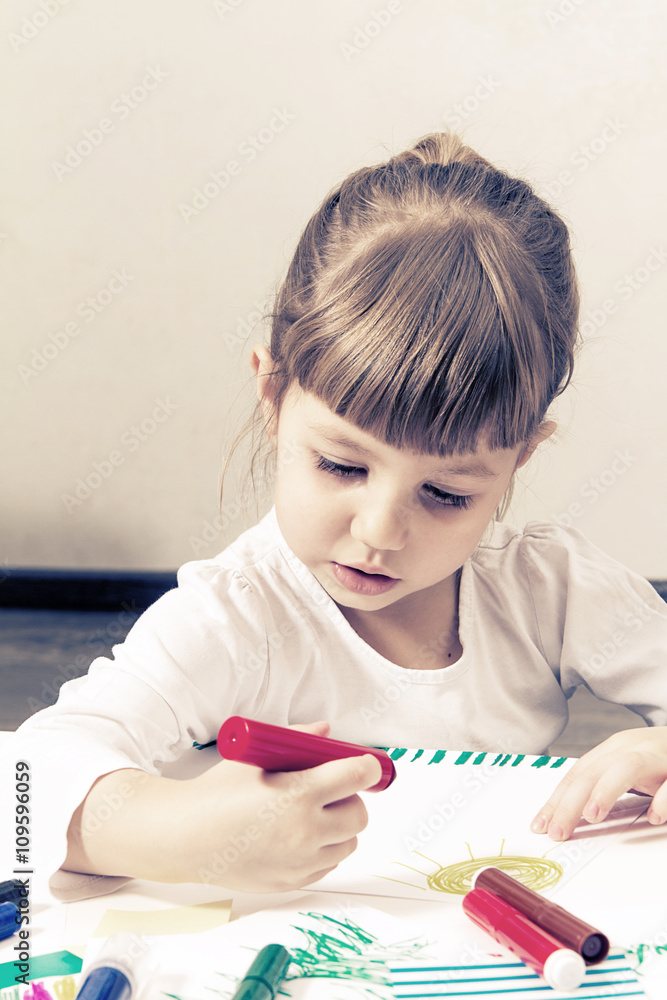 beautiful little girl draws felt-tip pens beautiful little girl draws felt-tip pens