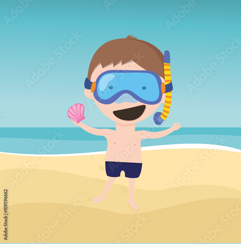 Junge am Strand mit Schnorchel und Taucherbrille mit Muschel in der Hand Vektor