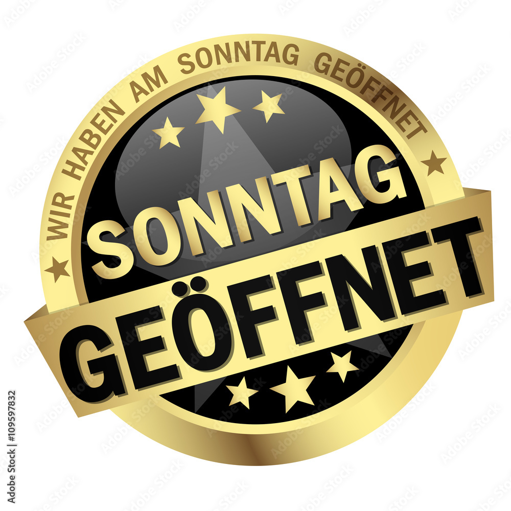 colored button with banner and text Sonntag geöffnet