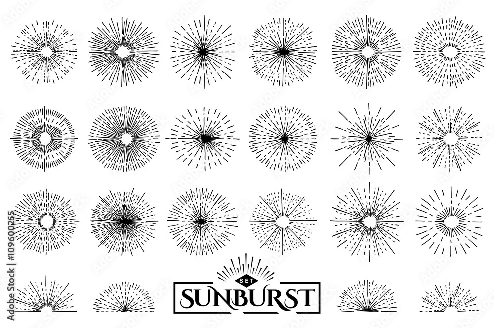 Obraz premium Set of vintage sunburst. Hand drawn. Light ray. Design template for icons, logos or graphic elements.