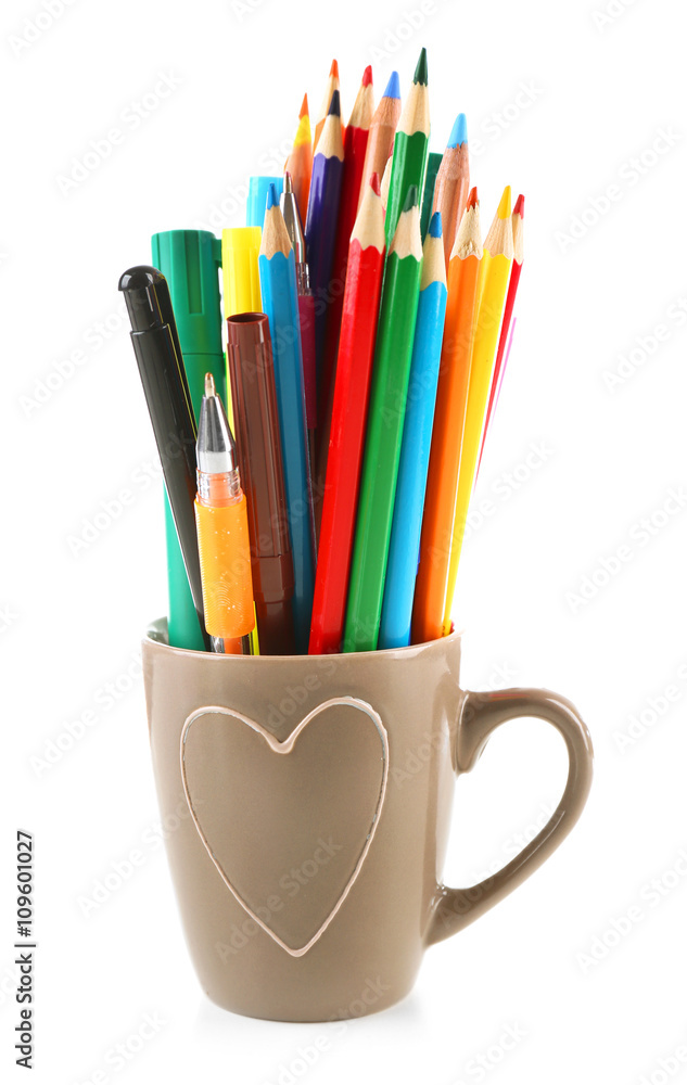 Colorful stationery in cup, isolated on white Colorful stationery in cup, isolated on white