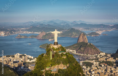 Aerial view of Christ and Botafogo Bay from high angle.