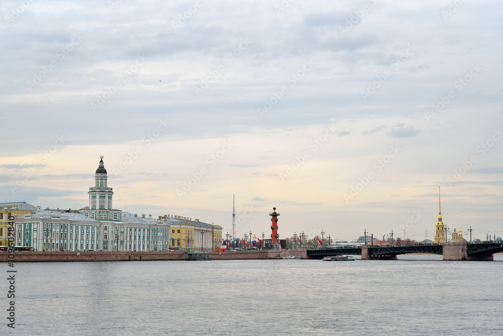 View onto the Neva river, the Kunstkamera, Rostral column and th