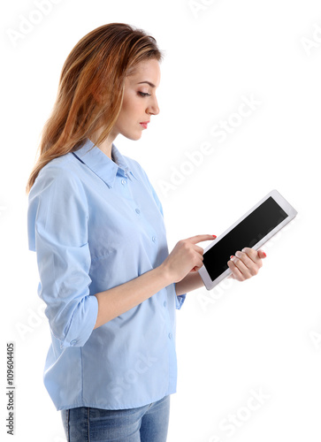 Young woman in blue shirt u...