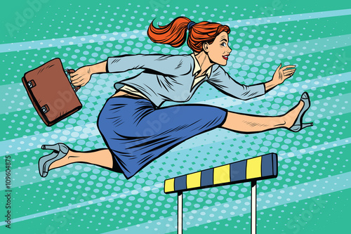 businesswoman running hurdles