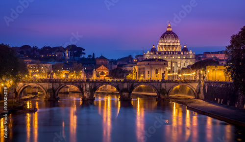 Night view of Basilica St Peter and Sant Angelo Bridge Rome, Italy, Europe
