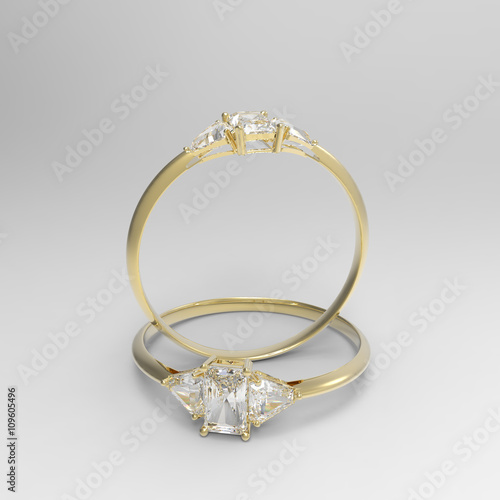 Golden wedding rings with diamonds.. 3D rendering